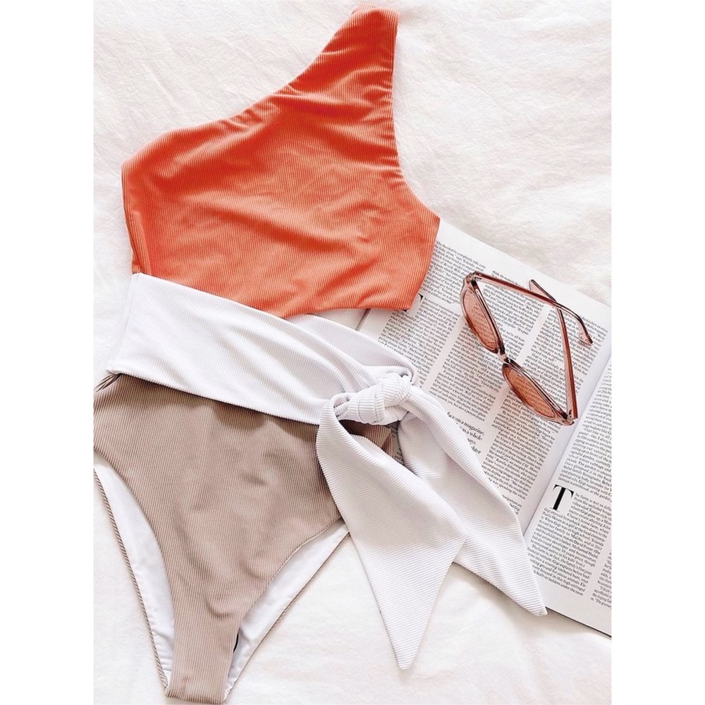 Beach Riot Orange and Tan One Shoulder One Piece